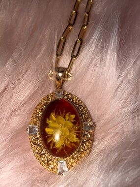 Vtg HT Gold Vermeil Amber Intaglio Pendant & 3mm Paperclip Chain Set 925